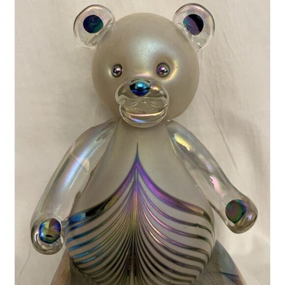 1996 Stuart Abelman Iridescent Pulled Feather Art Glass Frosted Body Teddy Bear - Picture 4 of 16